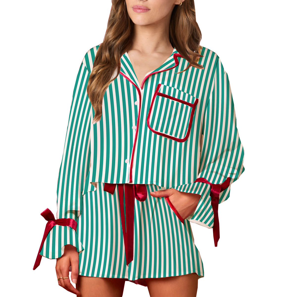 Bow Trim Shirt And Shorts Pajama Set - Green - 1