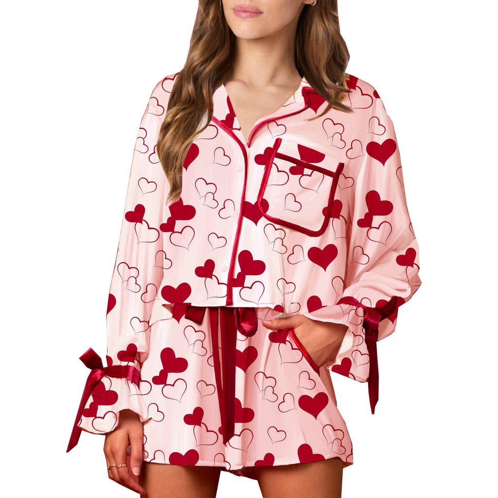 Bow Trim Shirt And Shorts Pajama Set - Heart