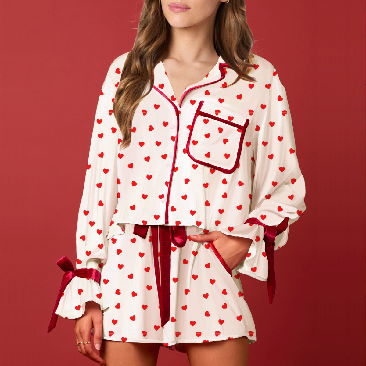 Bow Trim Shirt And Shorts Pajama Set - Love