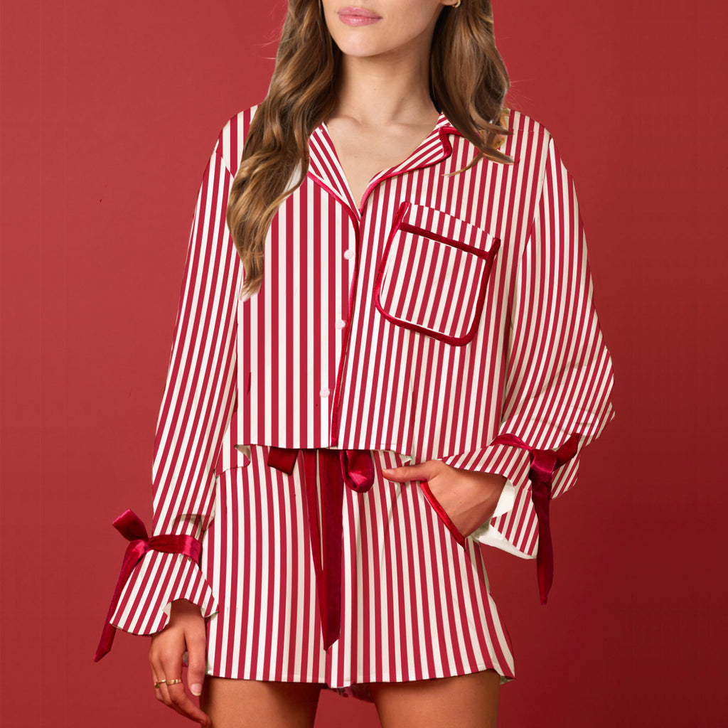 Bow Trim Shirt And Shorts Pajama Set - Red