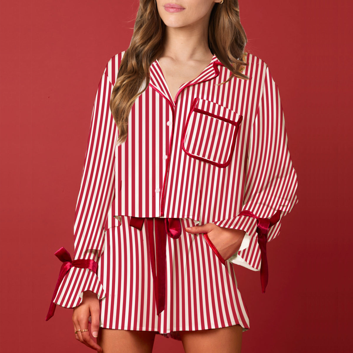 Bow Trim Shirt And Shorts Pajama Set - Red