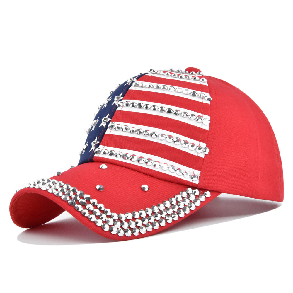 Rhinestone American Flag Baseball Cap - Red