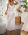 Floral Lace Bodice Sheer Mesh Ruffle Maxi Nightgown - White