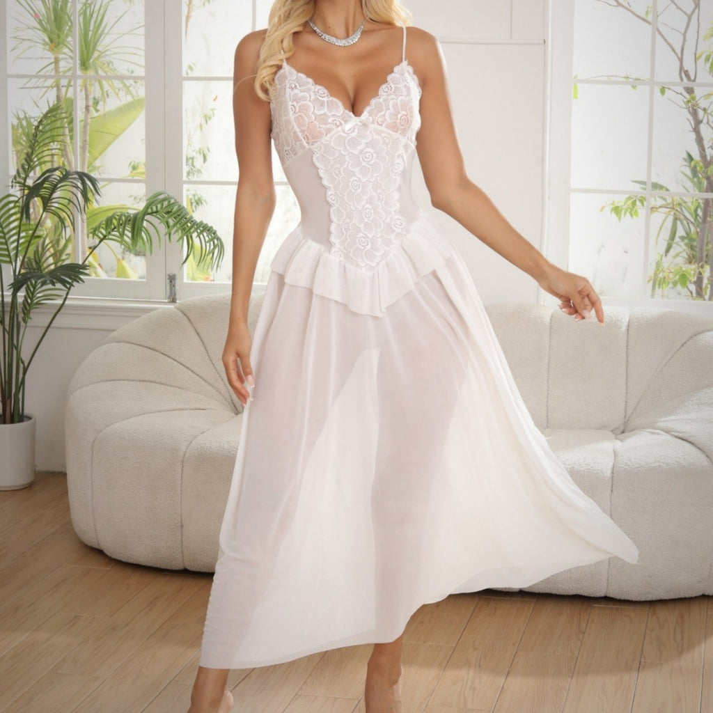 Floral Lace Bodice Sheer Mesh Ruffle Maxi Nightgown