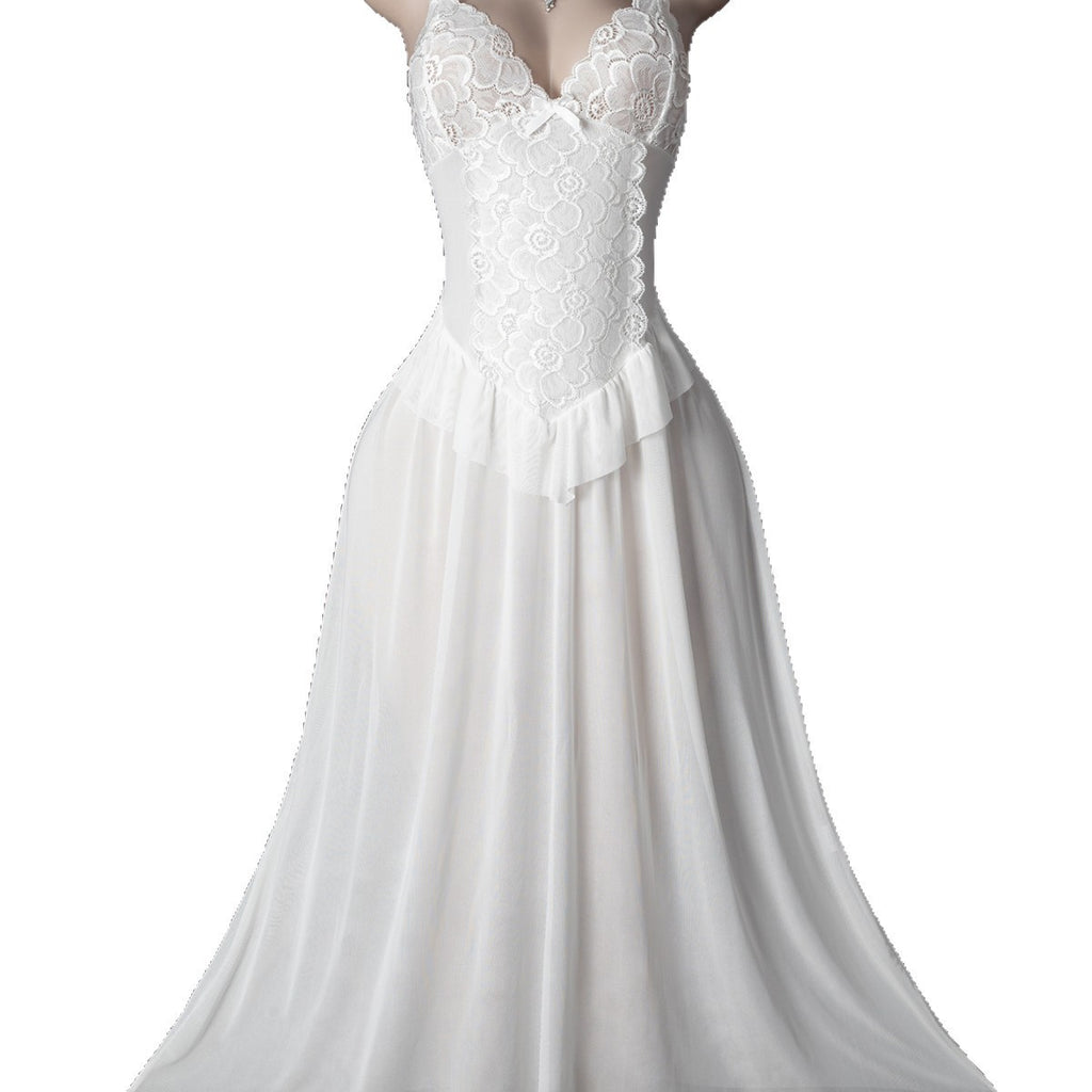 Floral Lace Bodice Sheer Mesh Ruffle Maxi Nightgown