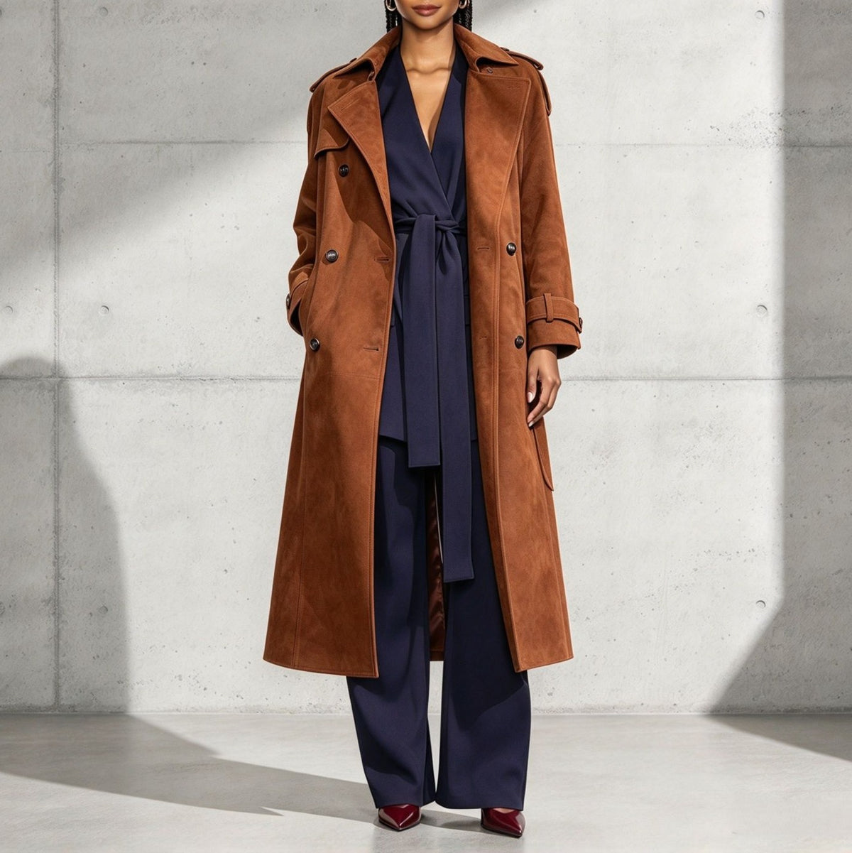 Faux Suede Double Breasted Belted Long Trench Coat