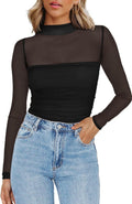 Sheer Mesh Yoke Mock Neck Blouse - Black