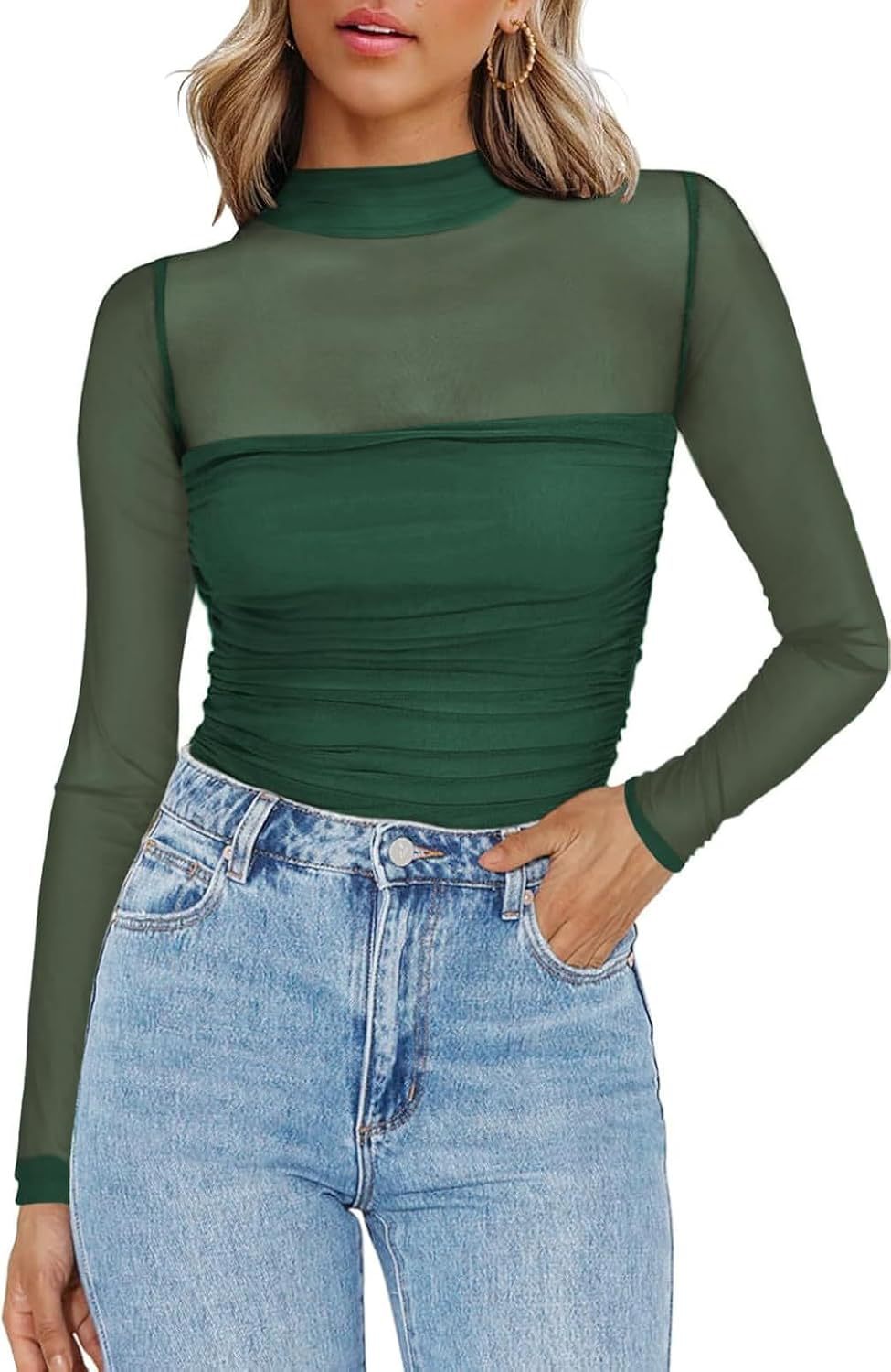 Sheer Mesh Yoke Mock Neck Blouse - Green