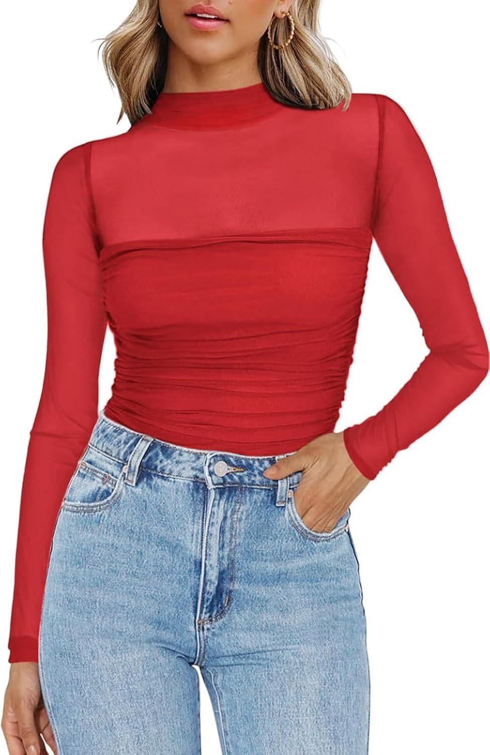 Sheer Mesh Yoke Mock Neck Blouse - Red - 1