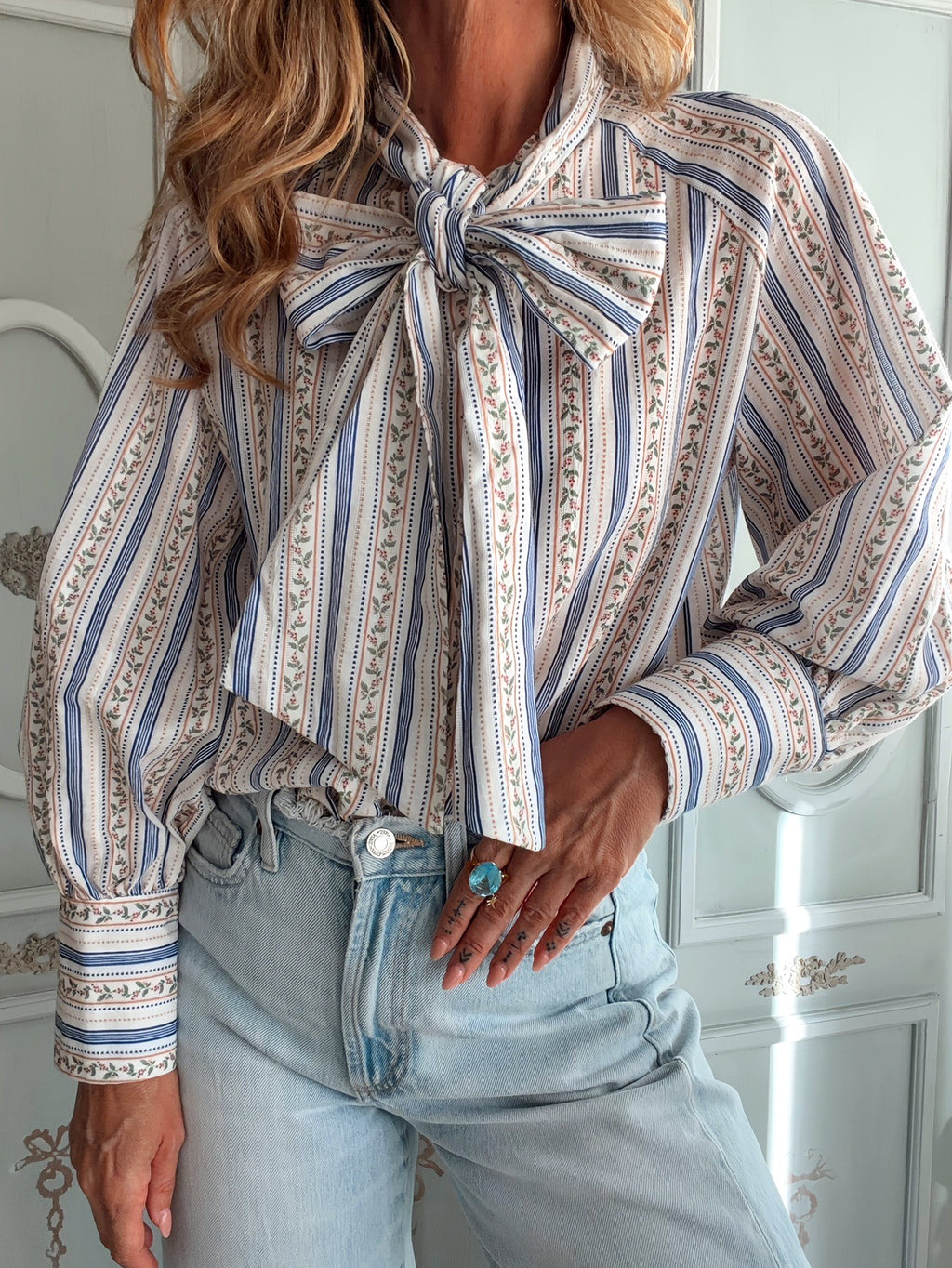 Bow Neck Balloon Sleeve Printed Blouse - Floral
