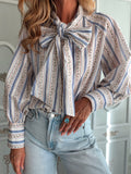 Bow Neck Balloon Sleeve Printed Blouse - Floral