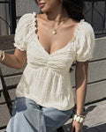 Sweetheart Neck Crinkle Peplum Blouse - Beige