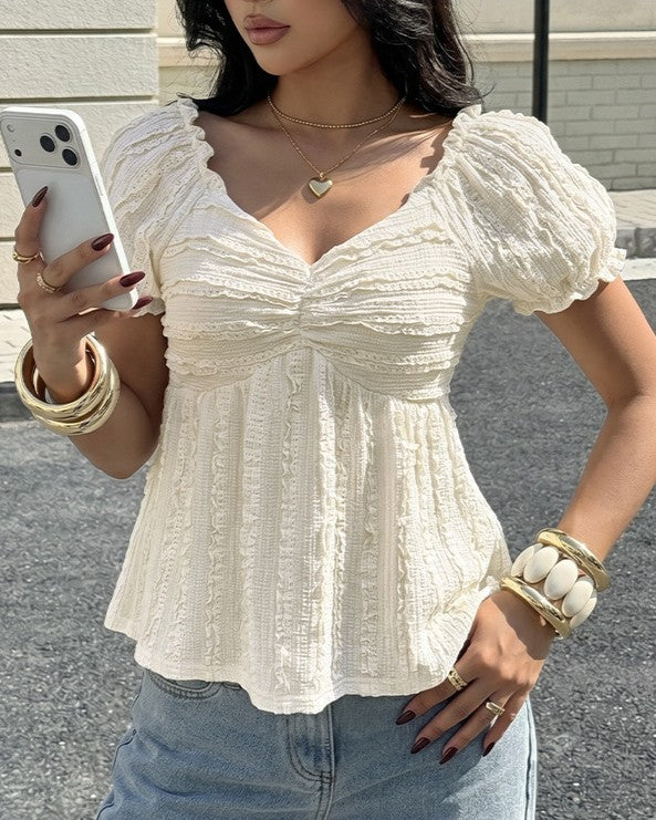 Sweetheart Neck Crinkle Peplum Blouse - Beige - 1