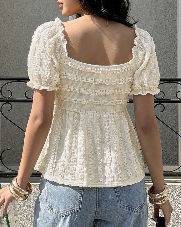 Sweetheart Neck Crinkle Peplum Blouse - Beige - 2