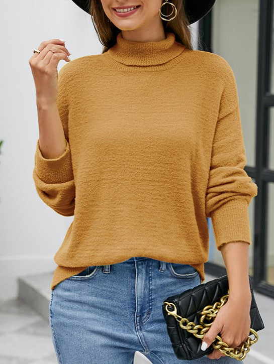 Drop Shoulder Mock Neck Slouchy Sweater - Brown