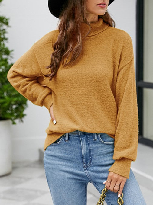 Drop Shoulder Mock Neck Slouchy Sweater - Brown - 1
