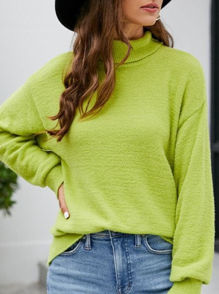 Drop Shoulder Mock Neck Slouchy Sweater - Green - 1