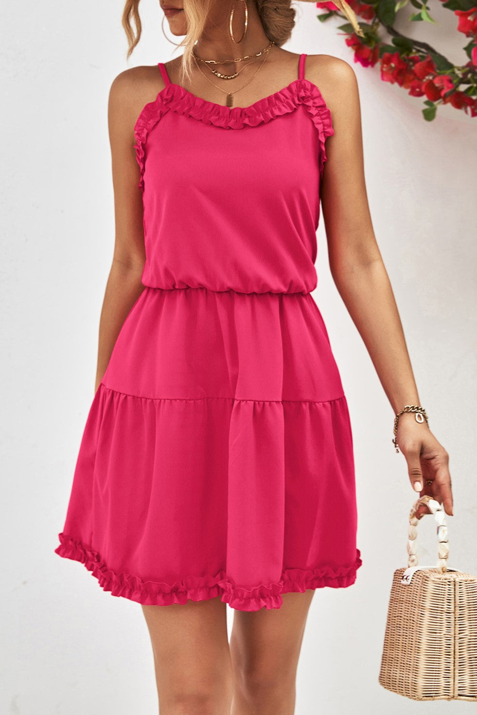 Ruffle Trim Cami Strap Mini Dress - Pink - 1