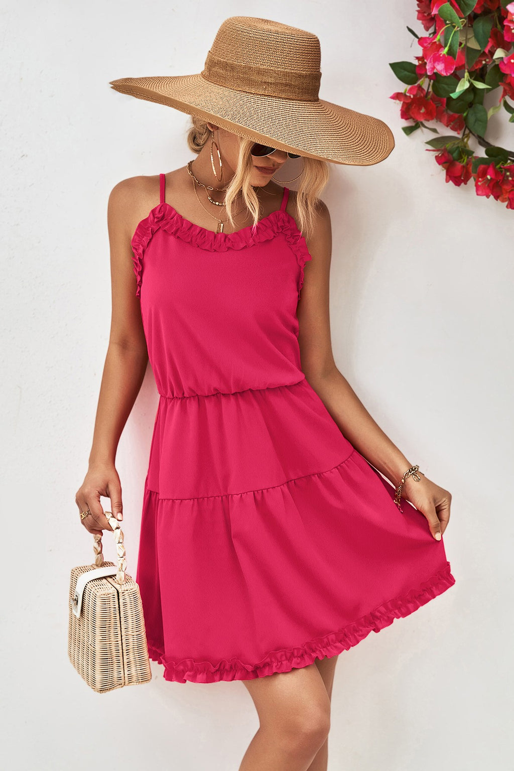 Ruffle Trim Cami Strap Mini Dress - Pink - 3