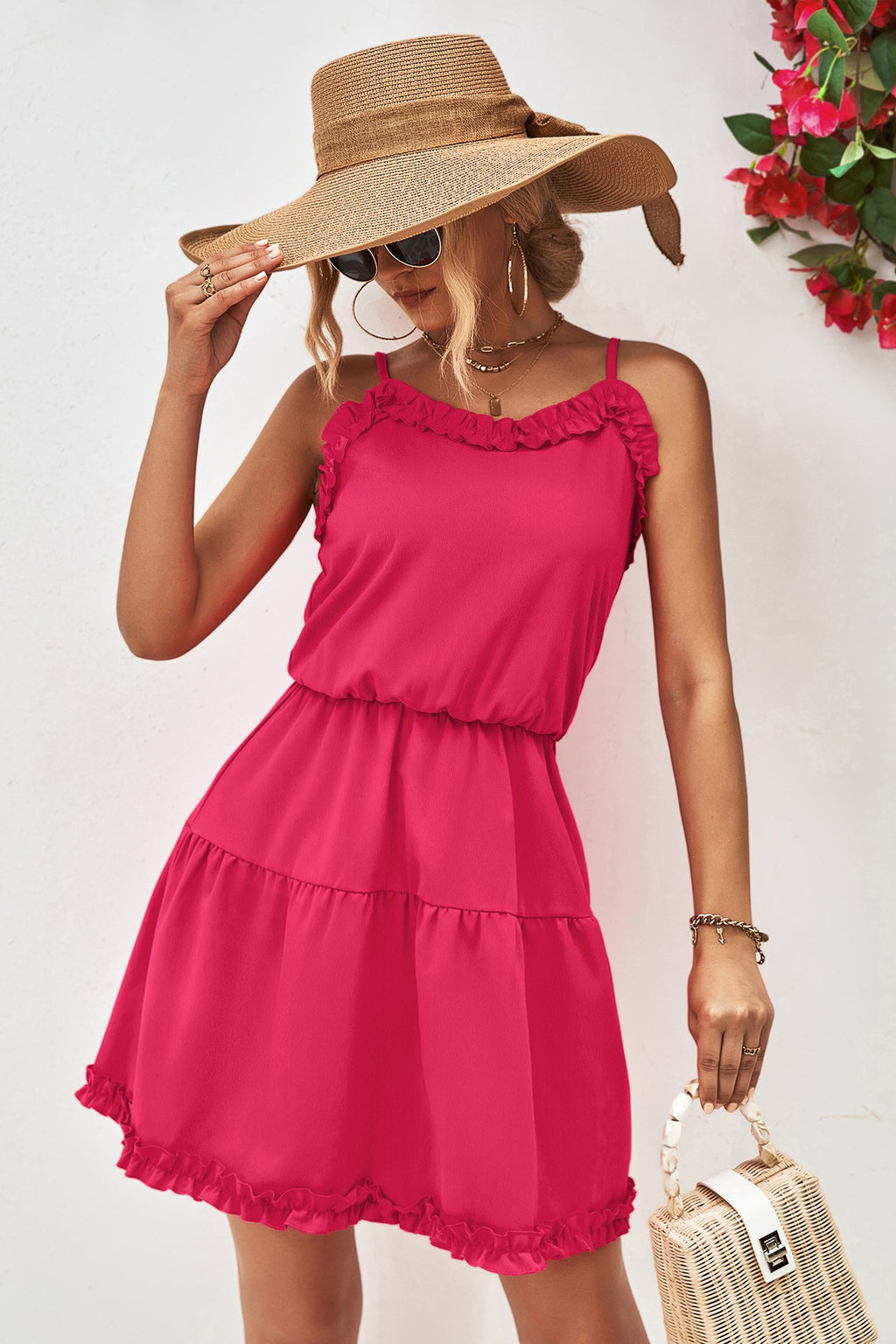 Ruffle Trim Cami Strap Mini Dress - Pink - 4