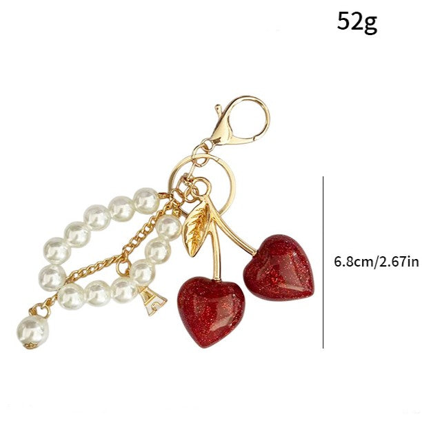 Sparkling Cherry Charm Pearl Bead Keychain - Red - 1