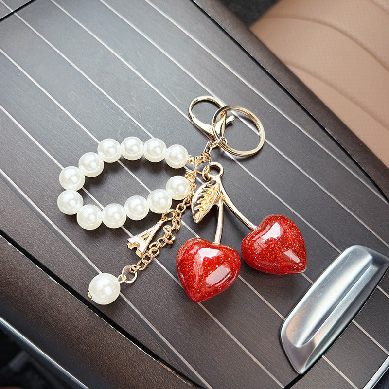 Sparkling Cherry Charm Pearl Bead Keychain - Red - 2