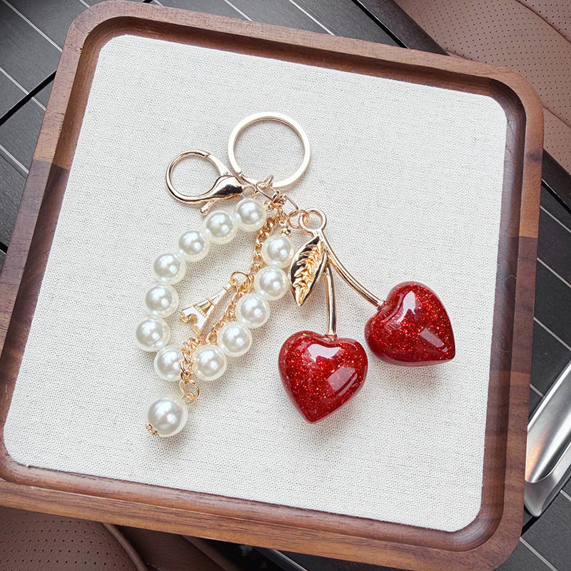 Sparkling Cherry Charm Pearl Bead Keychain - Red - 4