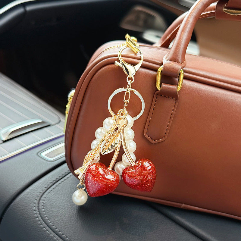 Sparkling Cherry Charm Pearl Bead Keychain - Red - 5