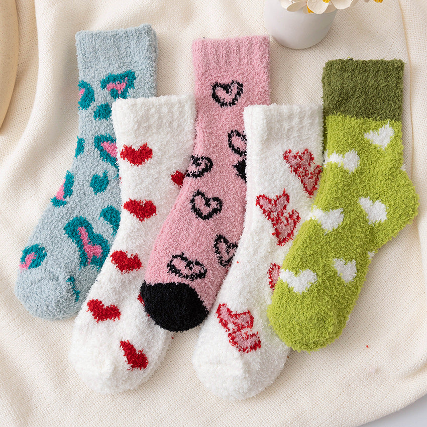 Soft Fuzzy Heart and Stripe Crew Socks