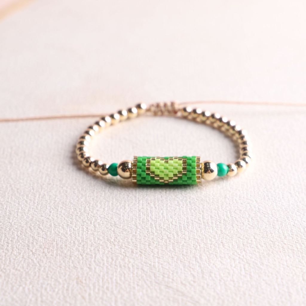 Woven Heart Bead Adjustable Slider Bracelet - Green