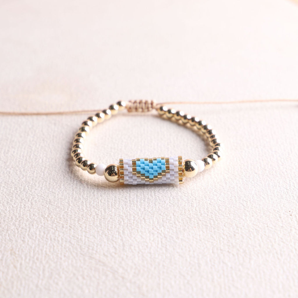Woven Heart Bead Adjustable Slider Bracelet - Light-Blue
