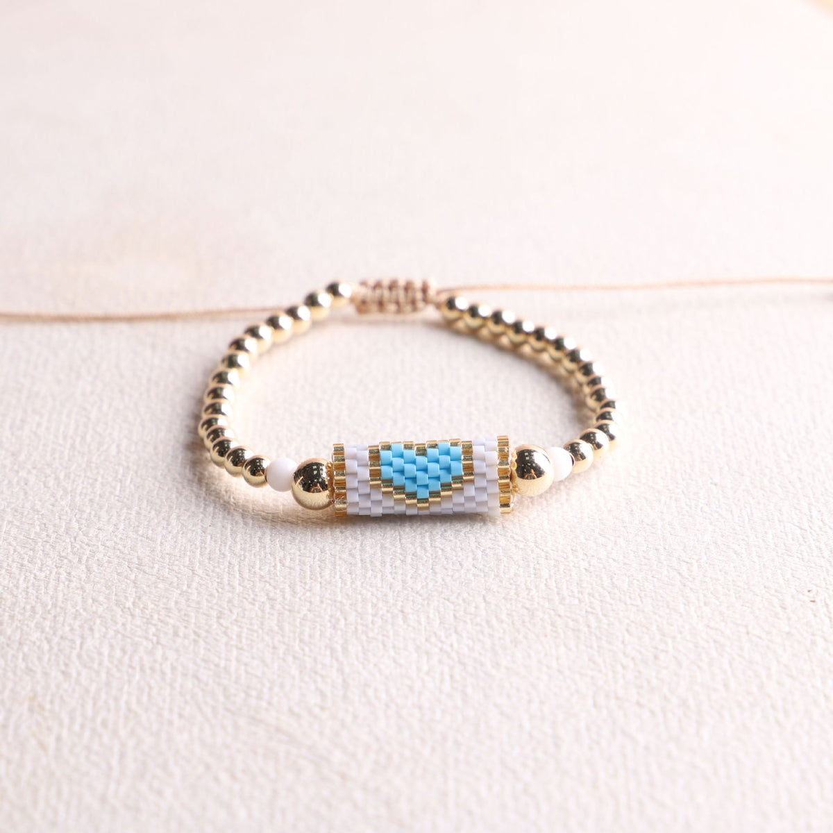 Woven Heart Bead Adjustable Slider Bracelet - Light-Blue