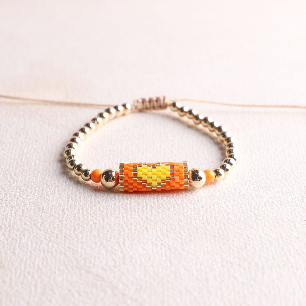 Woven Heart Bead Adjustable Slider Bracelet - Orange