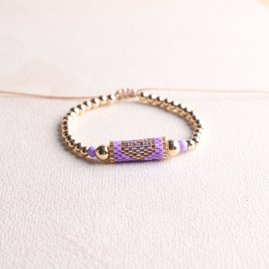 Woven Heart Bead Adjustable Slider Bracelet - Purple