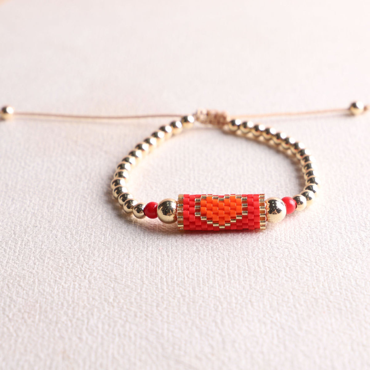 Woven Heart Bead Adjustable Slider Bracelet - Red