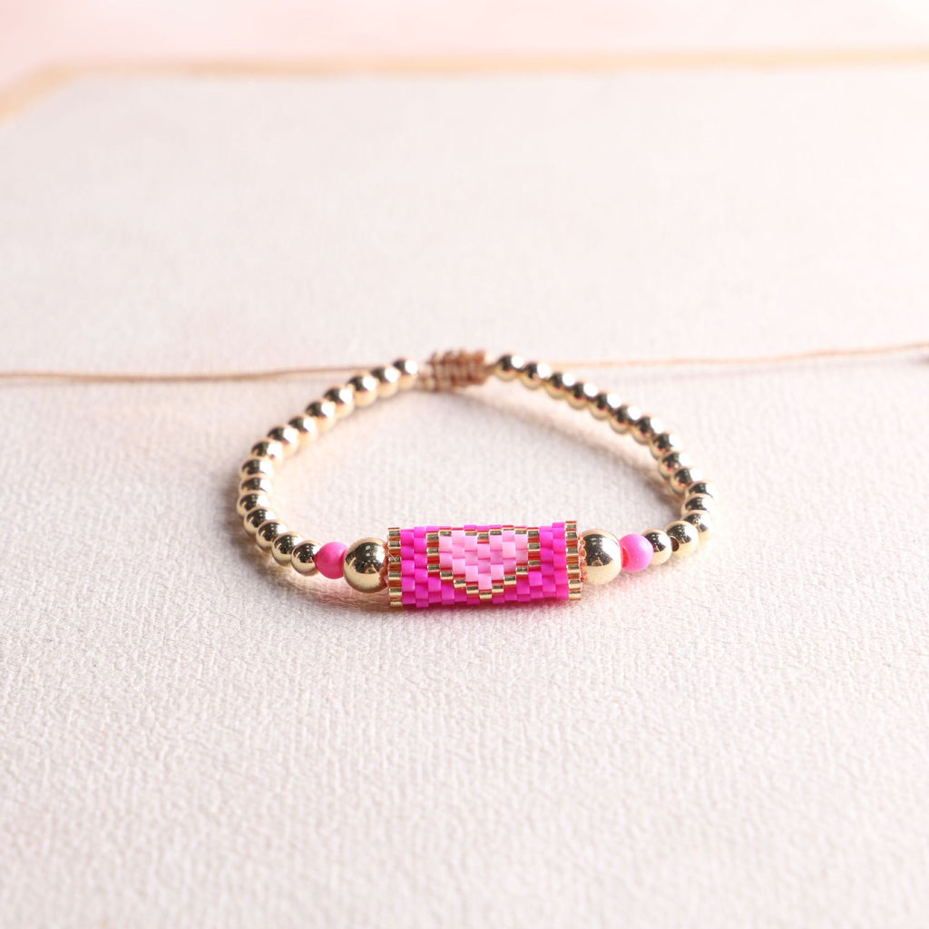 Woven Heart Bead Adjustable Slider Bracelet - Rose-Red