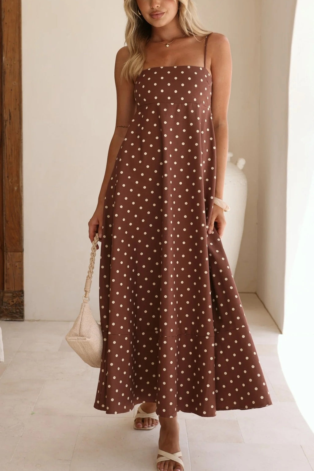 Polka Dot Strappy A-Line Maxi Dress - Coffee