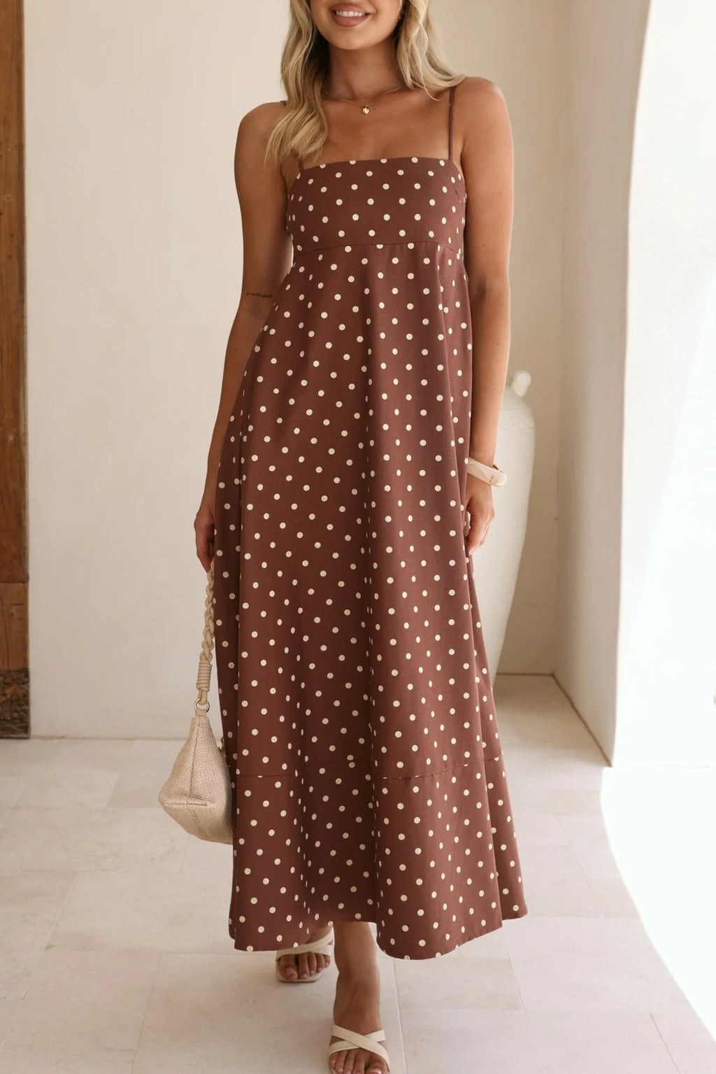 Polka Dot Strappy A-Line Maxi Dress - Coffee - 1