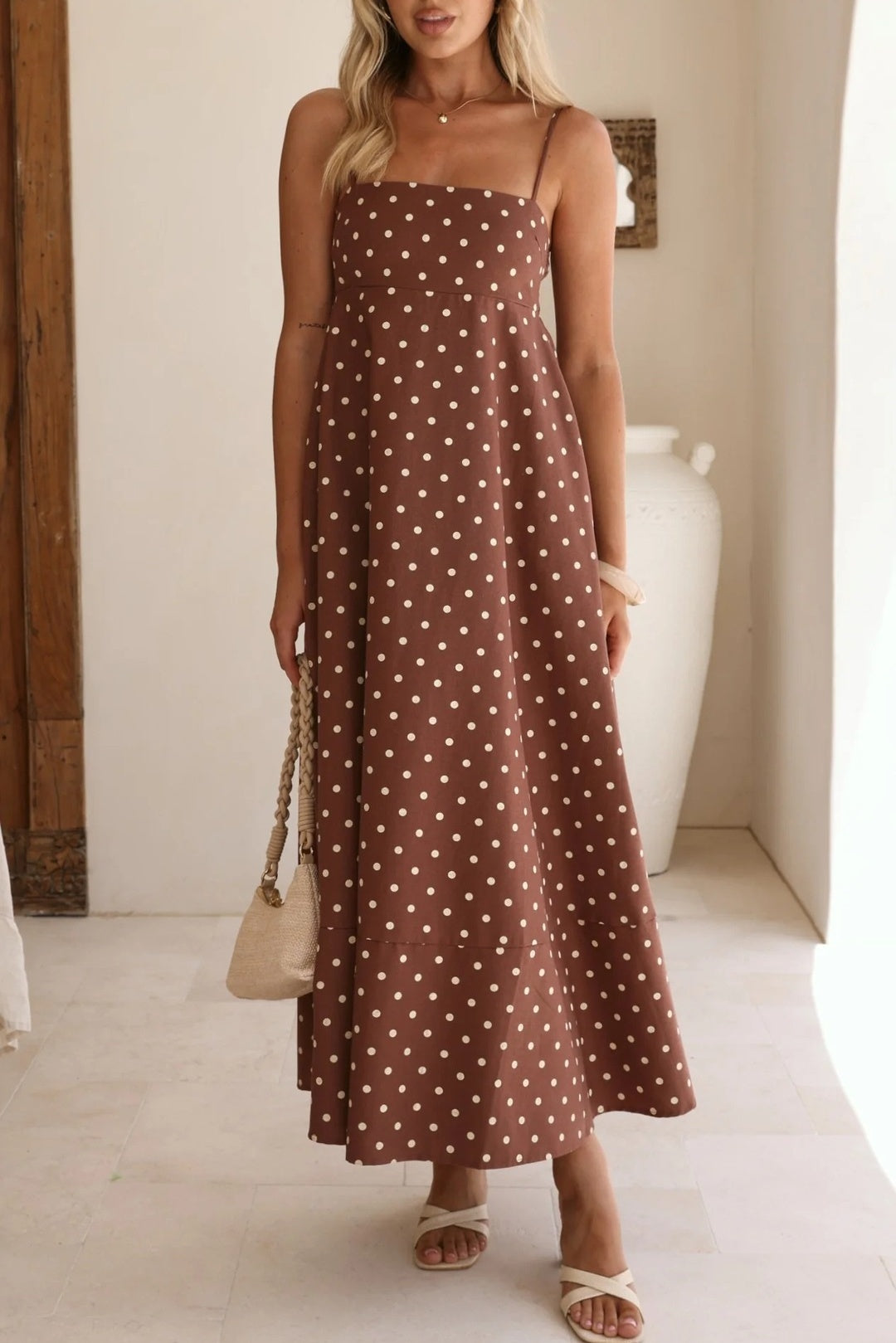 Polka Dot Strappy A-Line Maxi Dress - Coffee - 2