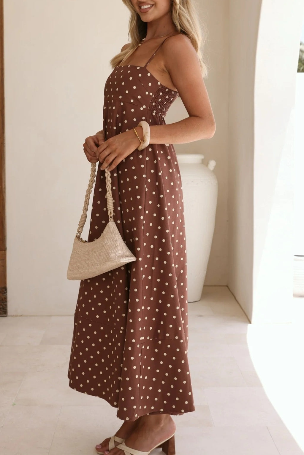 Polka Dot Strappy A-Line Maxi Dress - Coffee - 3