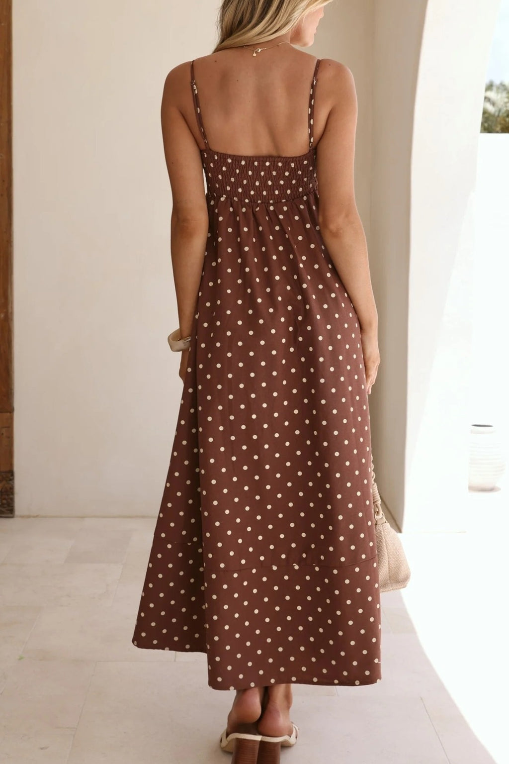 Polka Dot Strappy A-Line Maxi Dress - Coffee - 4