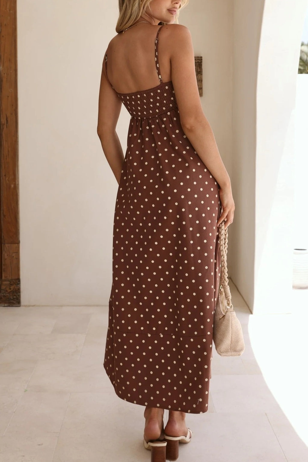 Polka Dot Strappy A-Line Maxi Dress - Coffee - 5
