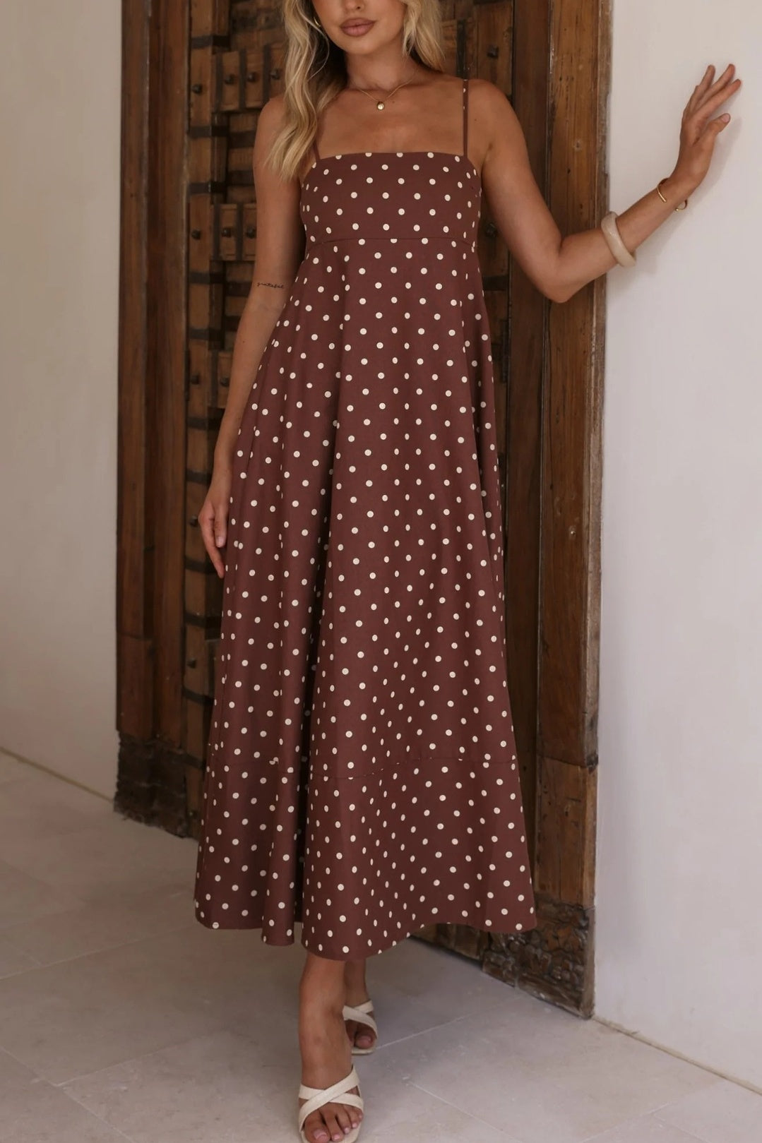 Polka Dot Strappy A-Line Maxi Dress - Coffee - 7