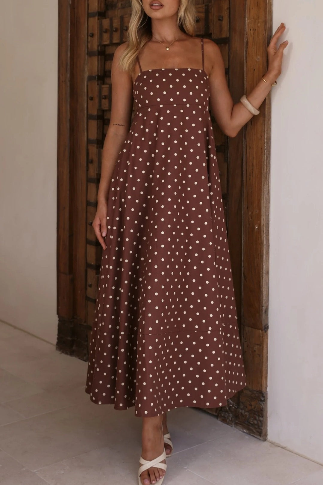 Polka Dot Strappy A-Line Maxi Dress - Coffee - 8