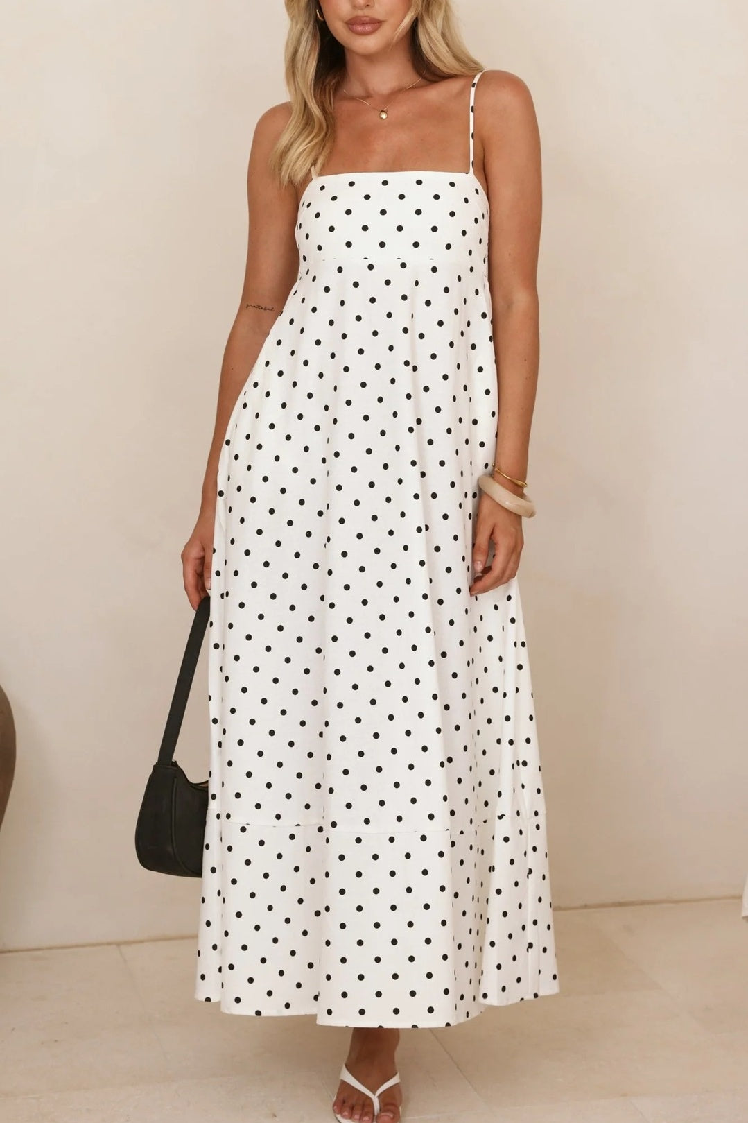 Polka Dot Strappy A-Line Maxi Dress - White