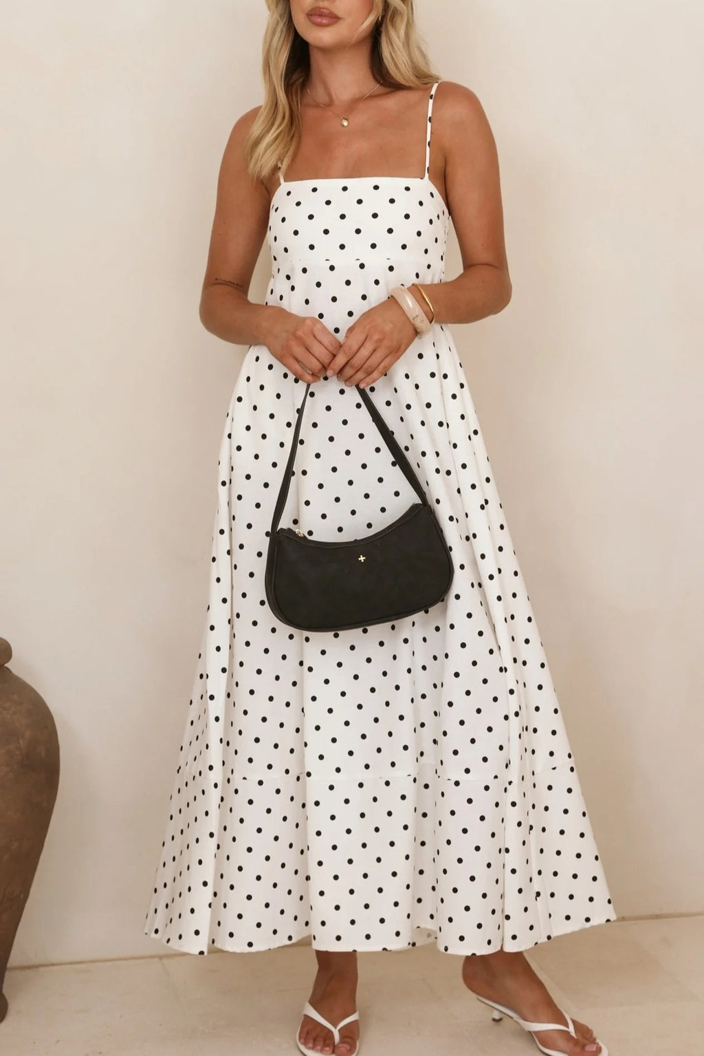 Polka Dot Strappy A-Line Maxi Dress - White - 1