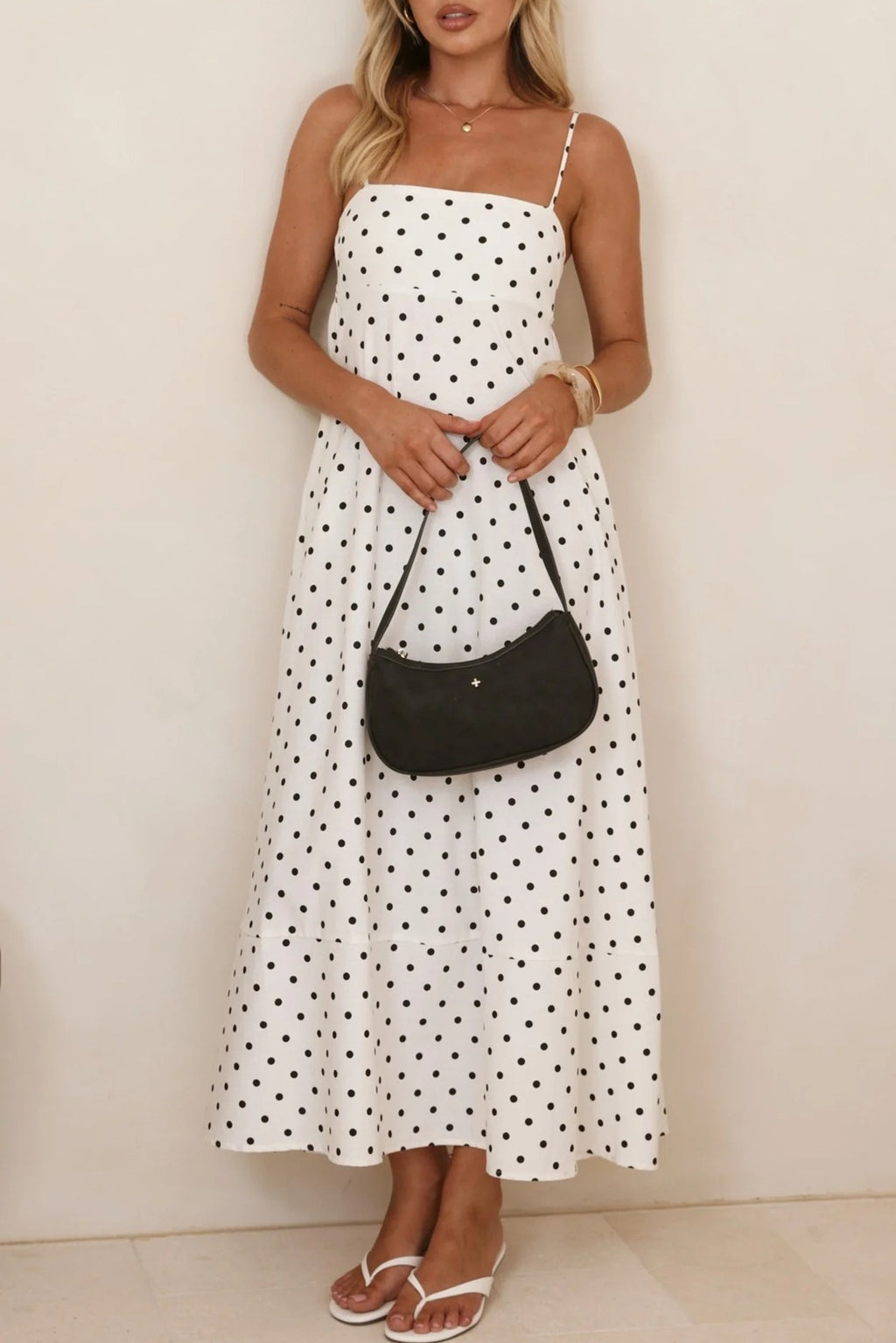 Polka Dot Strappy A-Line Maxi Dress - White - 4