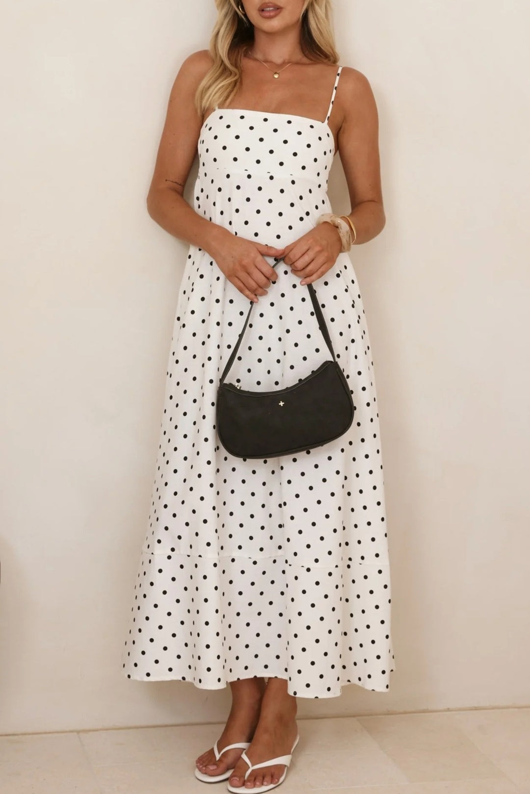 Polka Dot Strappy A-Line Maxi Dress - White - 4