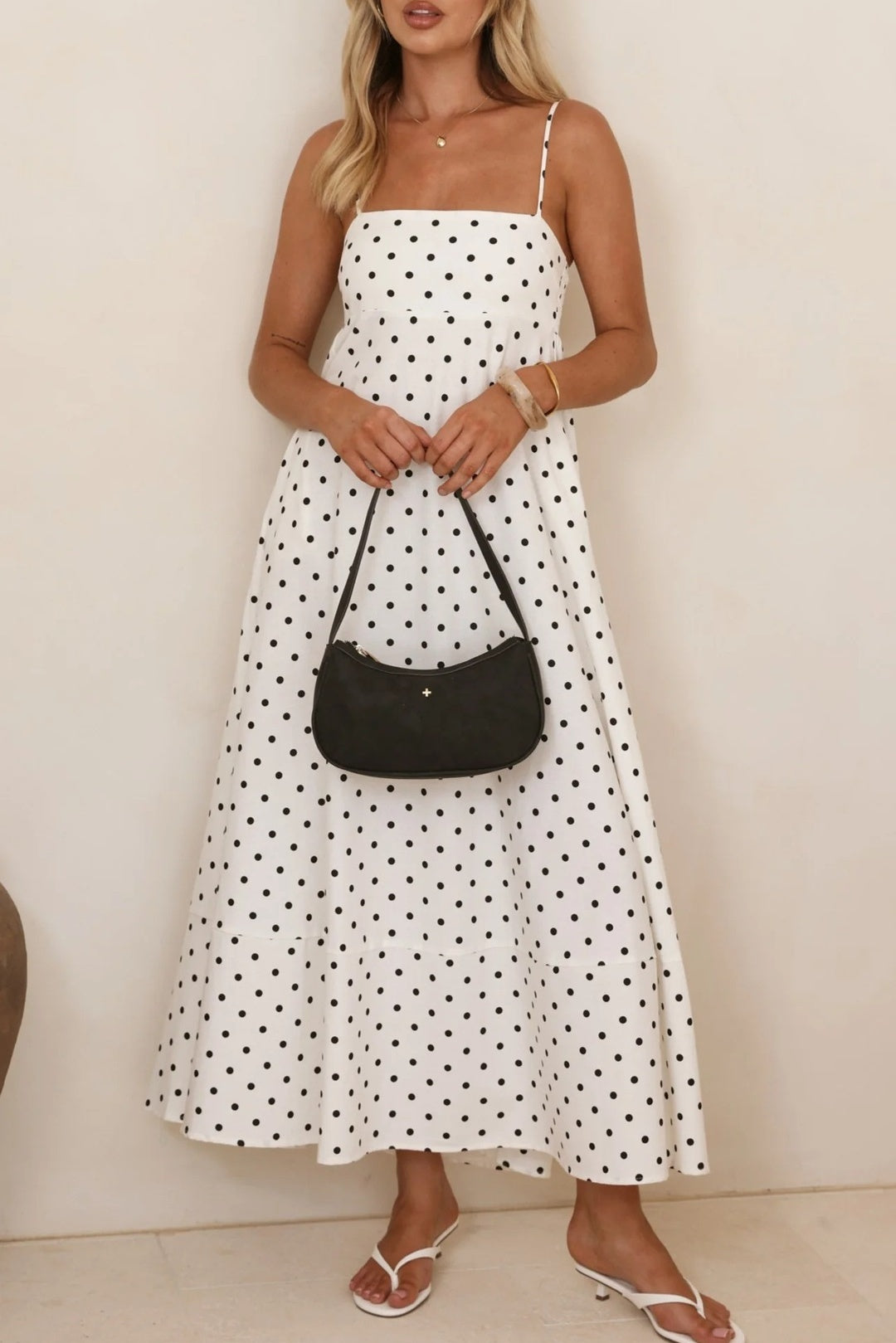 Polka Dot Strappy A-Line Maxi Dress - White - 5