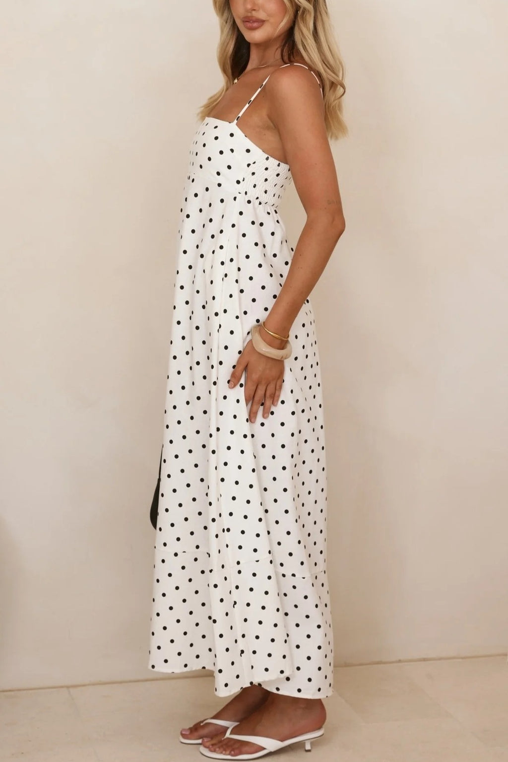 Polka Dot Strappy A-Line Maxi Dress - White - 6